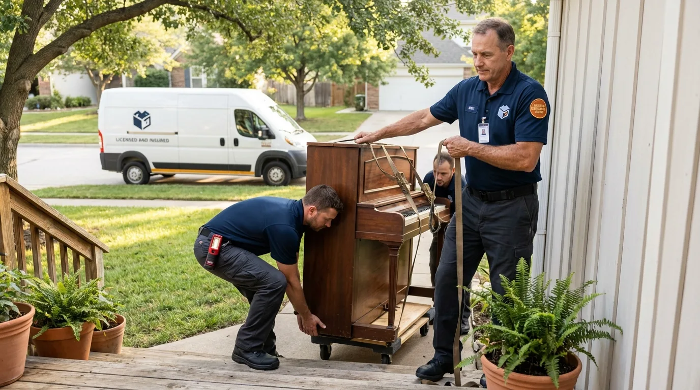 Licensed piano movers securing grand piano in Dixfield, ME