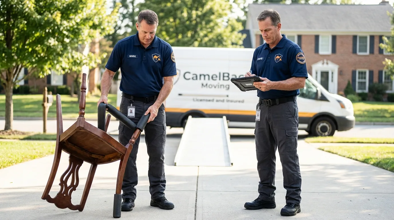 Movers inspecting furniture for damage prevention before loading in Dixfield, ME