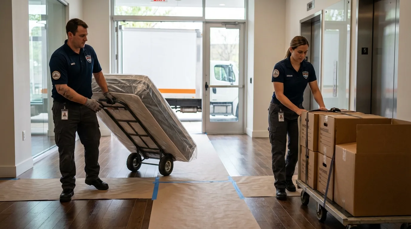 Professional apartment movers loading elevator in Dixfield, ME