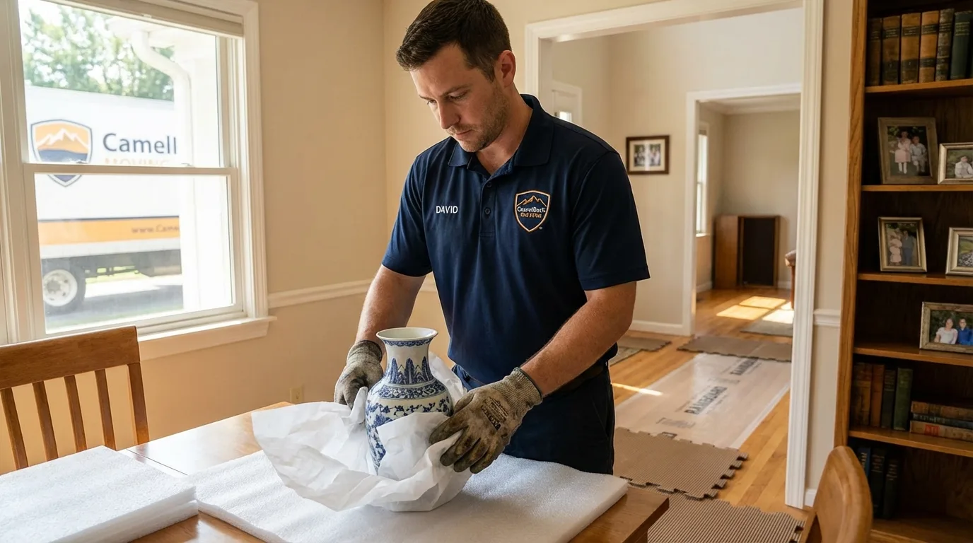 Professional crew carefully wrapping antique vase for senior downsizing move in Dixfield, ME