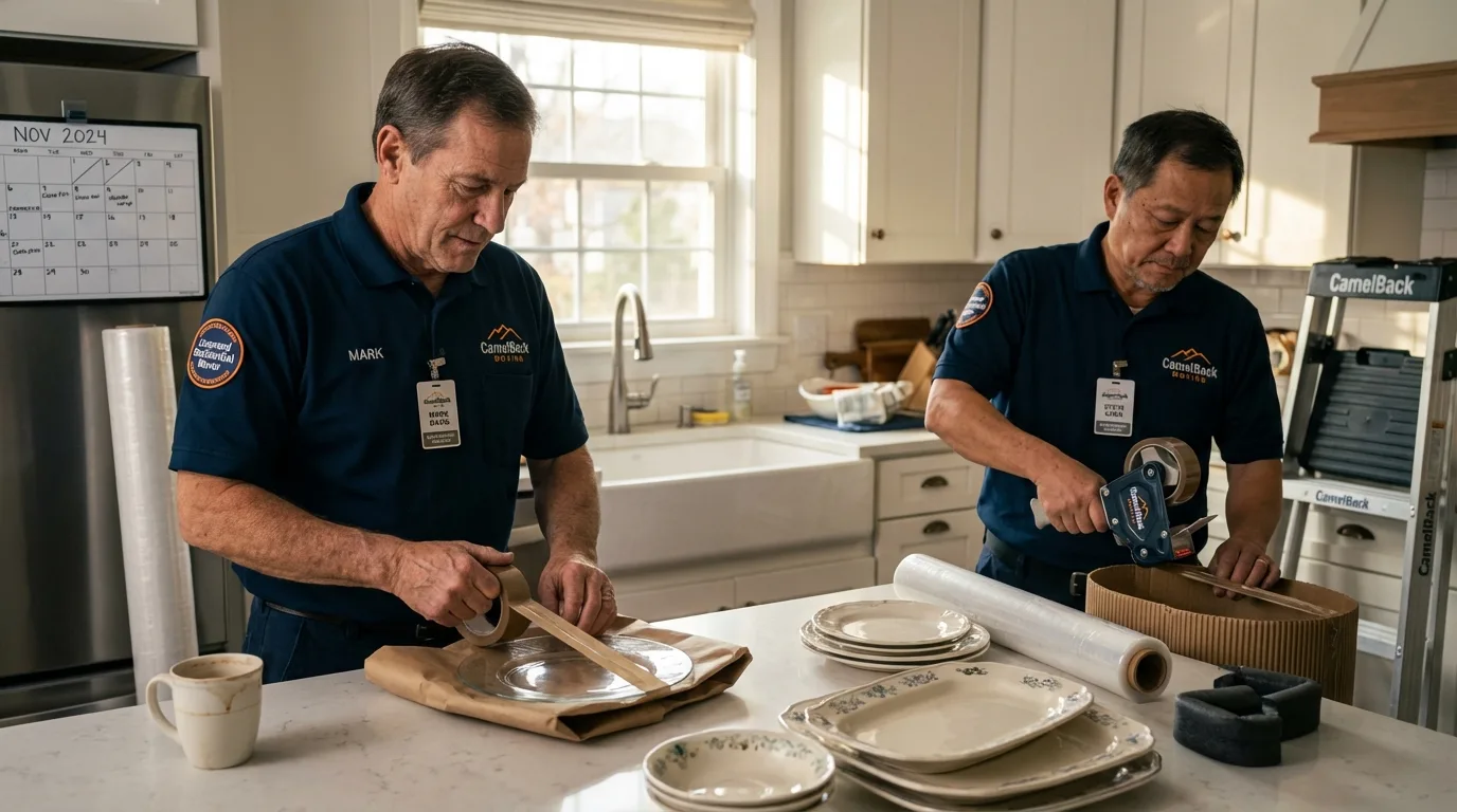 Professional crew packing kitchen dishware in Dixfield, ME